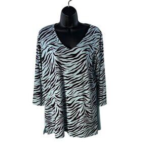 Iman Global Chic Zebra Print Top With V-Neck & 3/4 Sleeves Large
